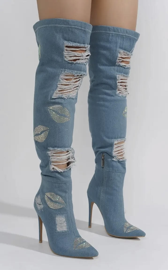 Distressed Denim Thigh High Boots with Lip Rhinestones