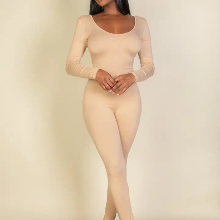 Scoop Neck Long Sleeve Bodycon Jumpsuit