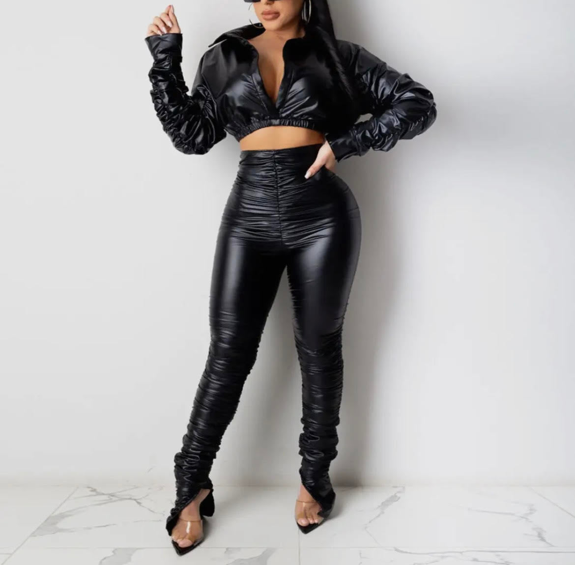 Women's PU Leather Top and Pleated Pants Set