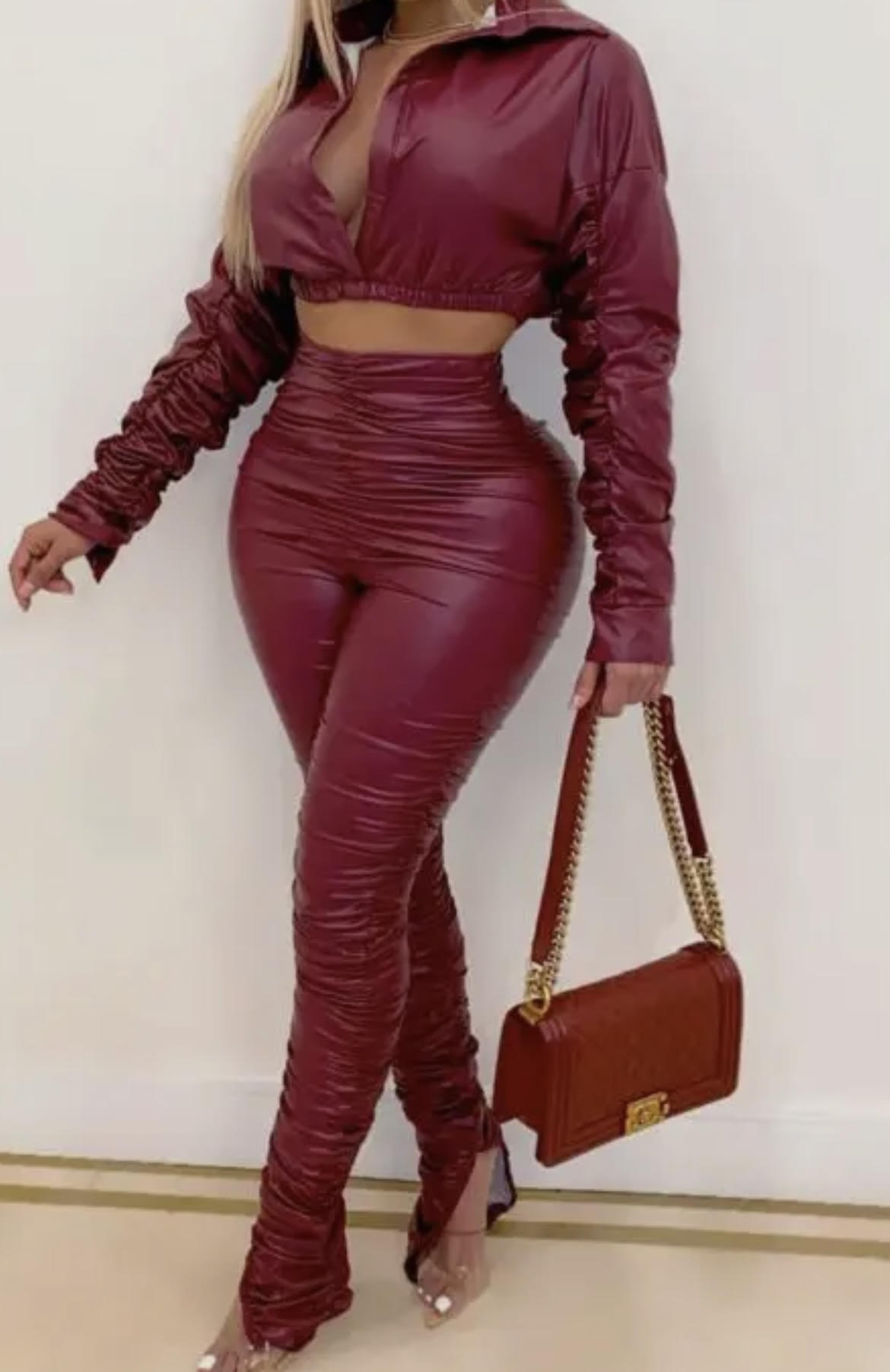 Women's PU Leather Top and Pleated Pants Set